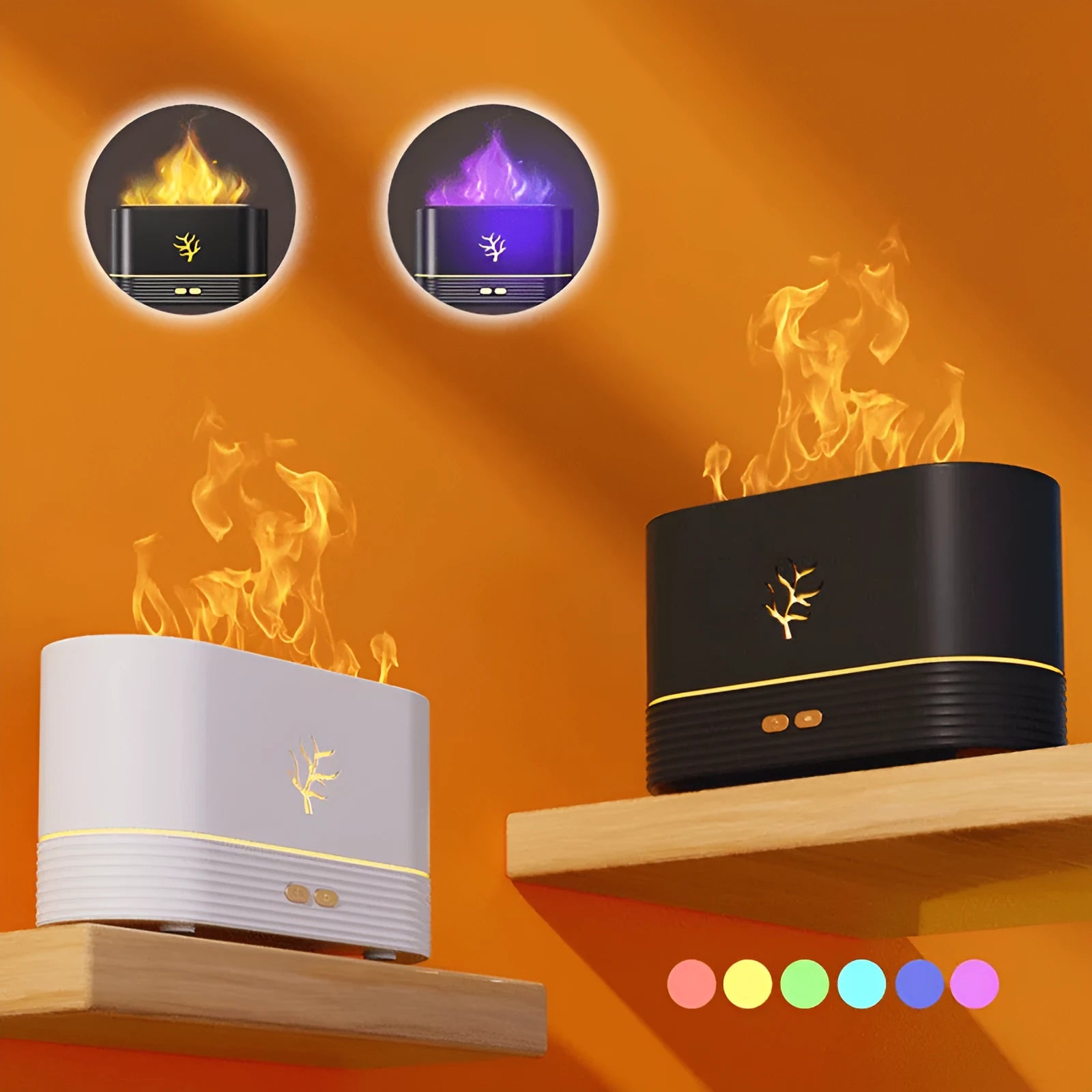 USB flame humidifier with realistic LED fire effect and timing in white colour on a desk