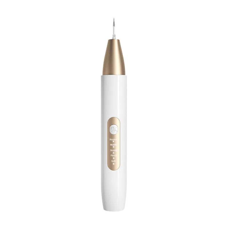 Gold-coloured handheld ultrasonic tooth cleaning device for removing tartar and stains.