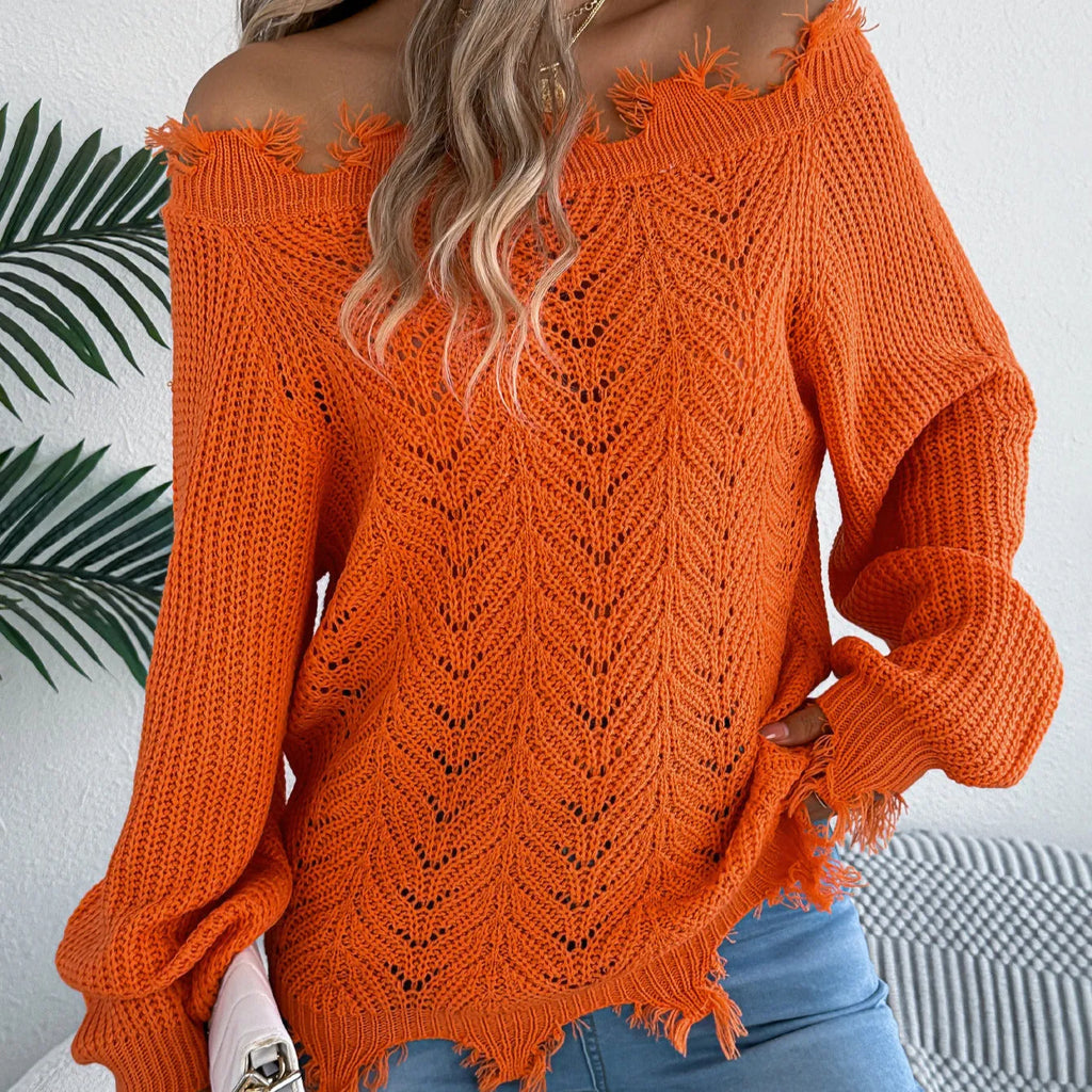 Hollow-out cut off-the-shoulder pullover sweater in artificial wool fabric available in white, orange and black colours
