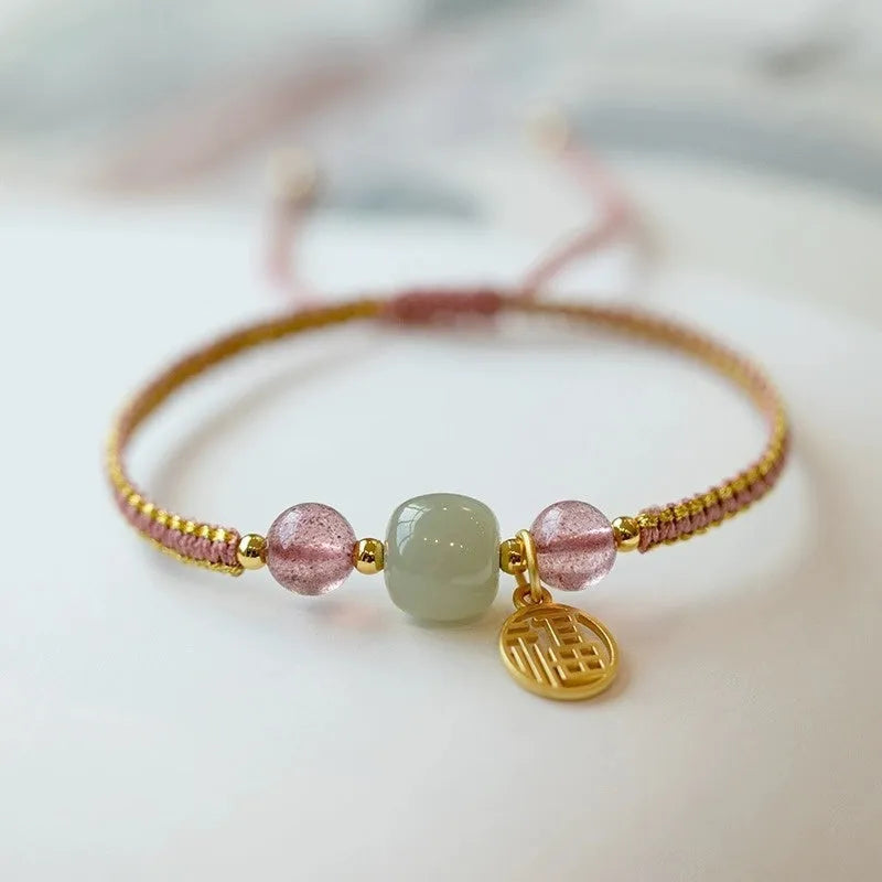 Adjustable red rope bracelet with Strawberry Quartz transfer beads unisex national tide style