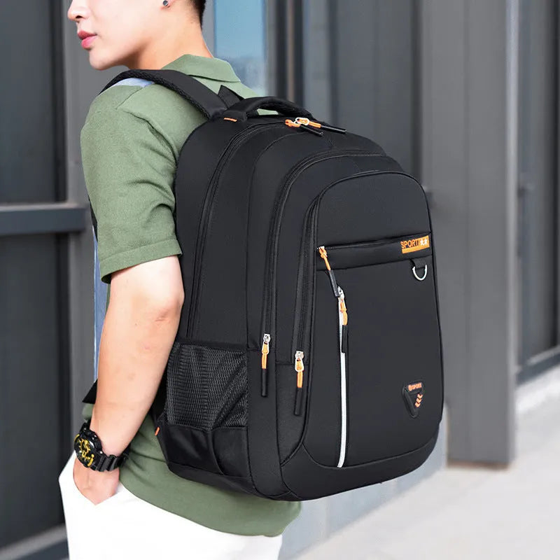 Men's Oxford cloth large capacity backpack in red with letter pattern and air pillow belt