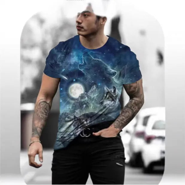 Retro 3D animal print men's short-sleeved t-shirt in polyester bird eye cloth, showing digital print detail