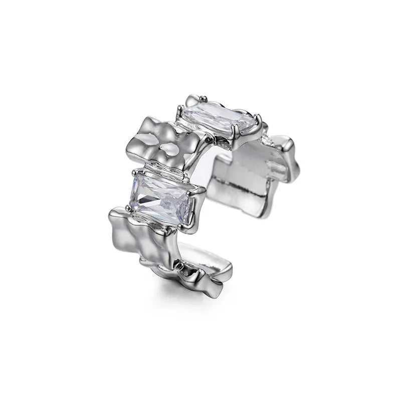Silver geometric cross ring with zircon detail and open retro design