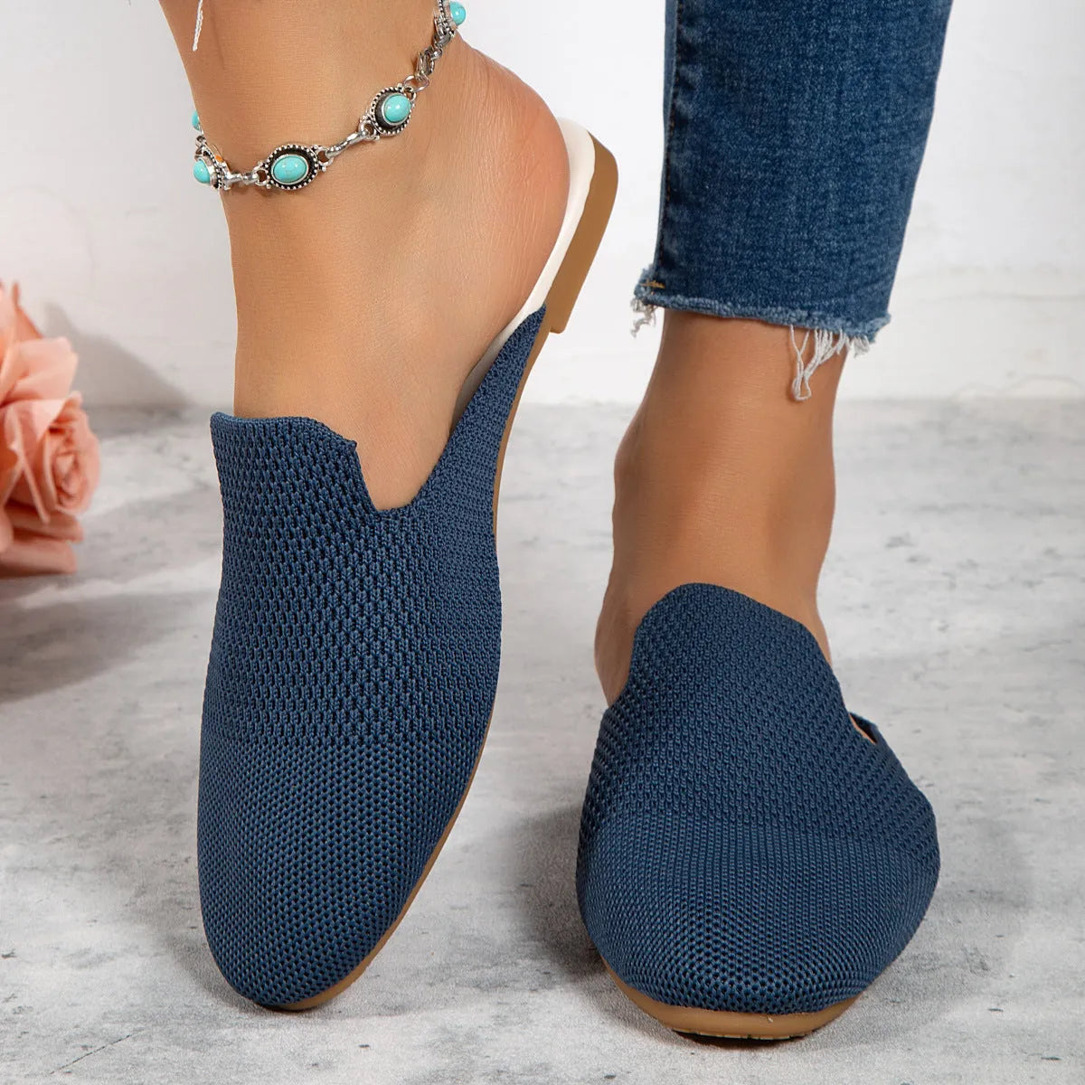 Apricot, blue and green candy colour mesh slip on sandals with rubber soles