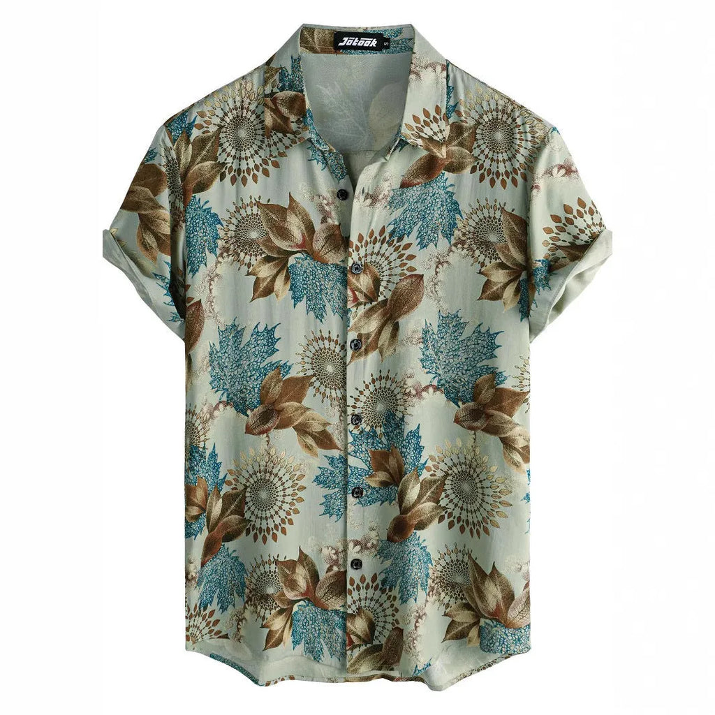 Hawaiian floral print short sleeve cardigan shirt with lapel collar in an elastic polyester fabric.