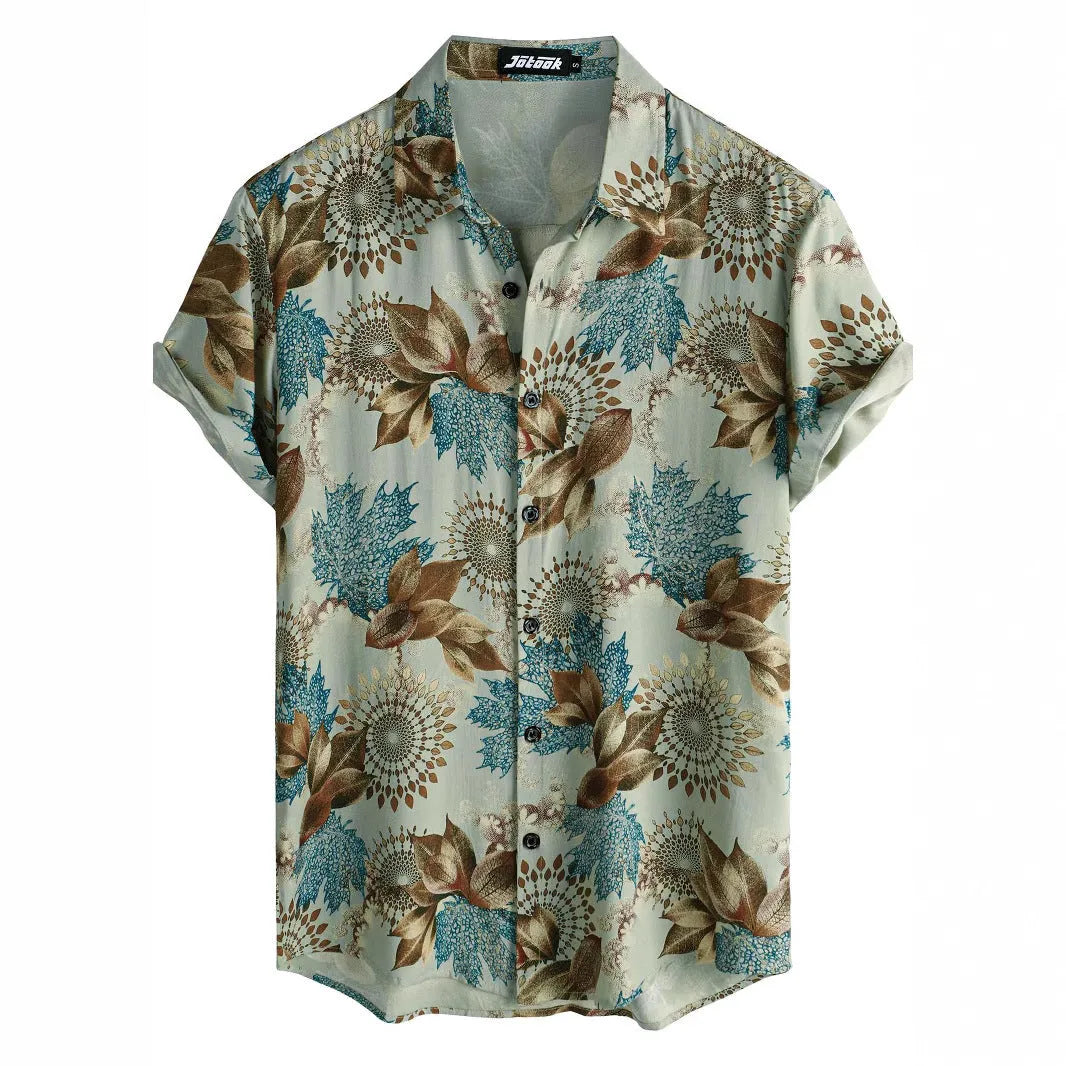 Hawaiian floral print short sleeve cardigan shirt with lapel collar in an elastic polyester fabric.