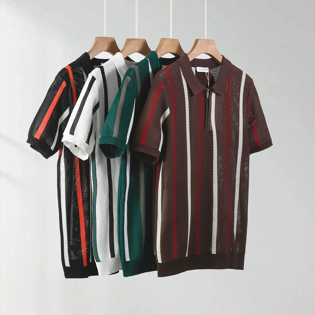 Hollow mesh short-sleeved knitting polo shirt in Ice Silk fabric, loose fit, zipper decorations, summer casual