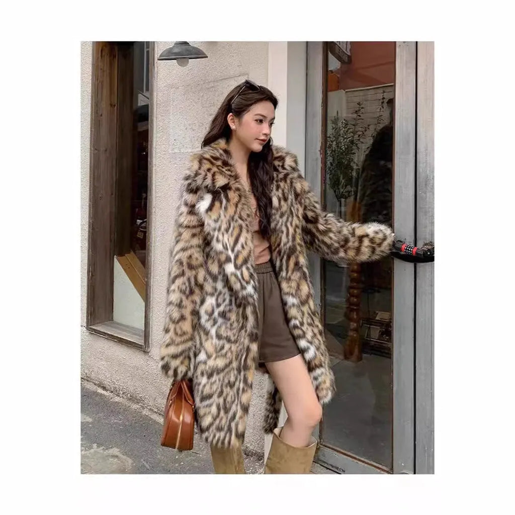 Women's artificial faux fur street-fashion coat with detachable fur collar
