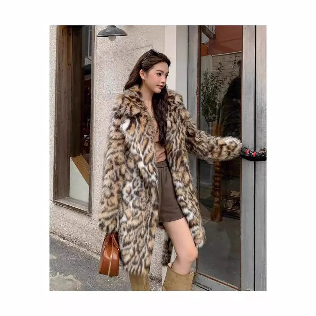 Women's artificial faux fur street-fashion coat with detachable fur collar