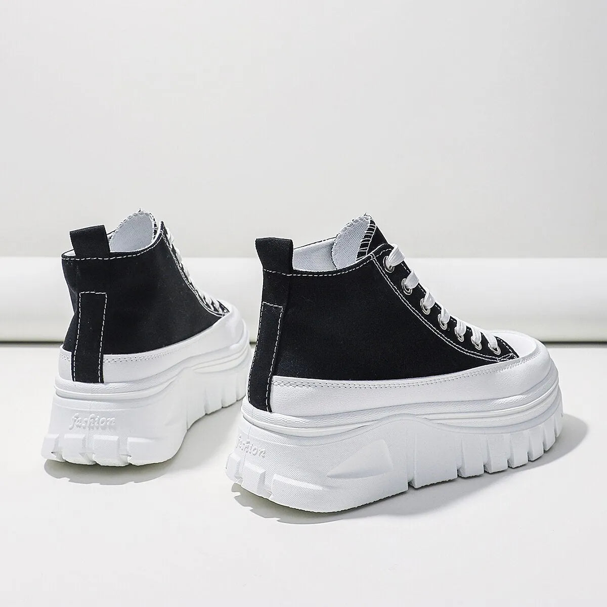 Women black lace-up high top flatform canvas shoes with height increasing insole and T-strap detail