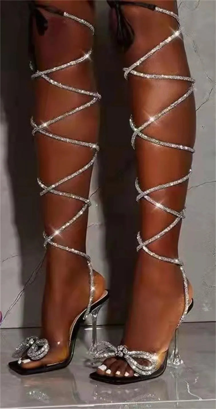 Women's plus size black strappy sandals with rhinestone decoration and a square toe