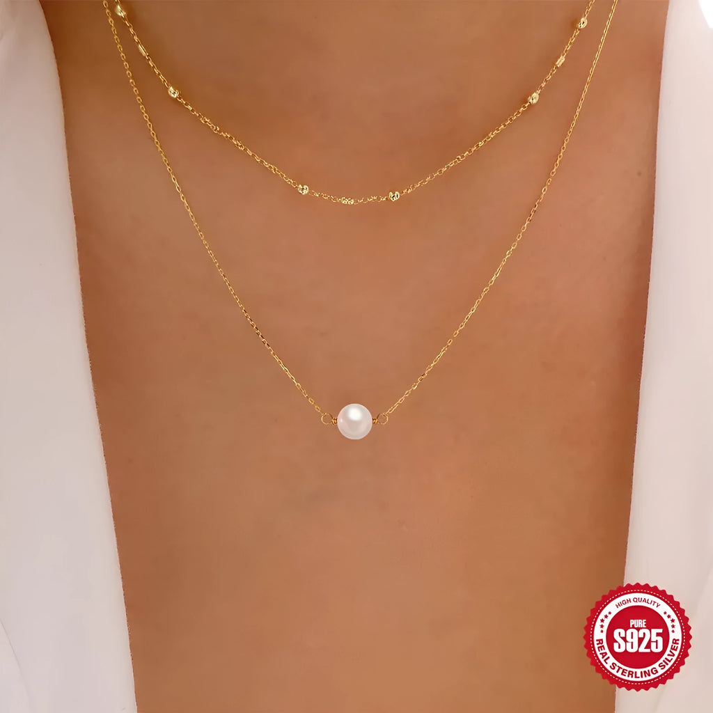 S925 sterling silver double layer pearl necklace with geometric pendant in gold colour