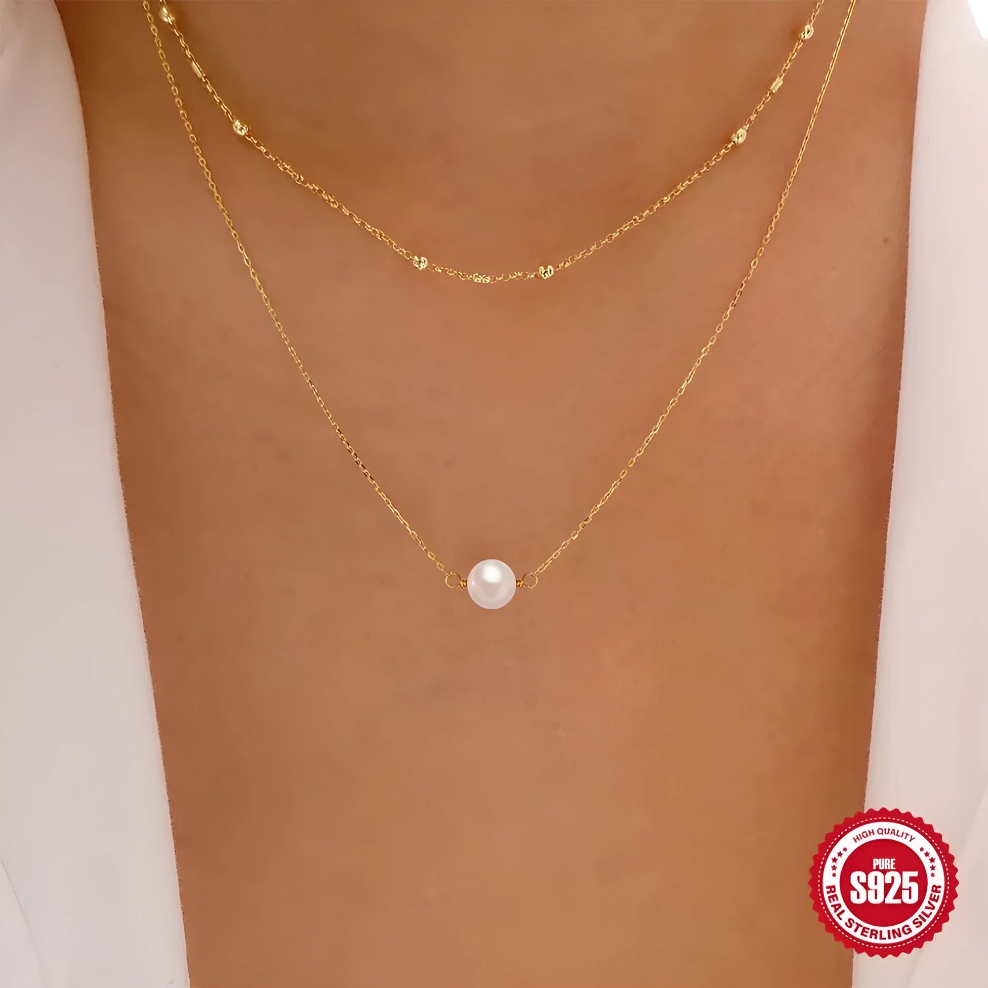 S925 sterling silver double layer pearl necklace with geometric pendant in gold colour