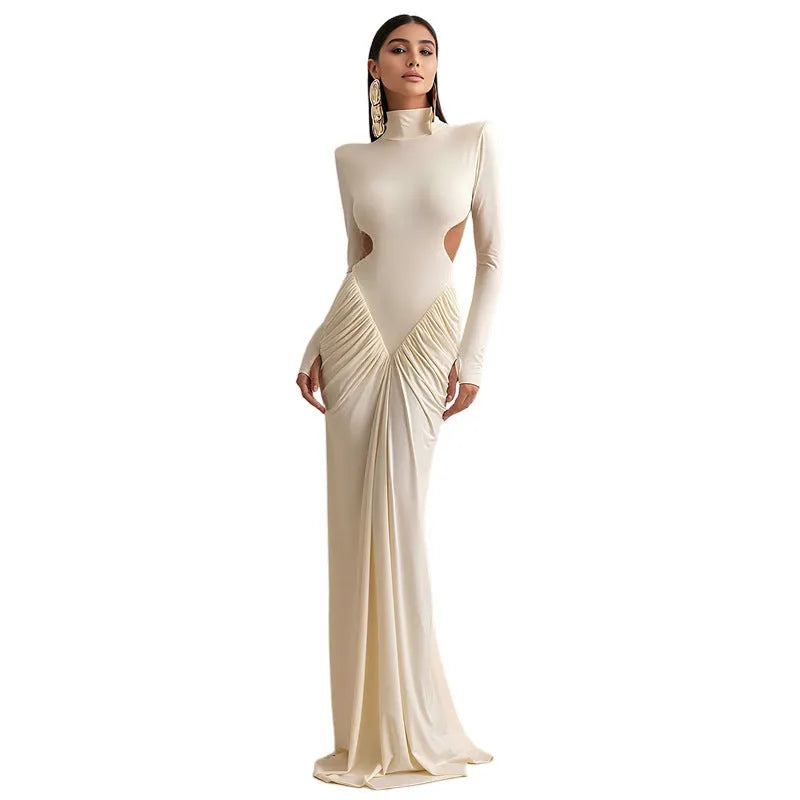 Long sleeve high collar slim fit pleated backless dress in light apricot, brown, wine red or black.