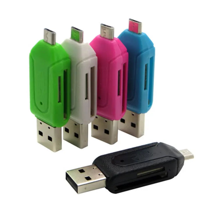 OTG card reader with micro USB connector in five colour options: white, pink, green, blue, and black