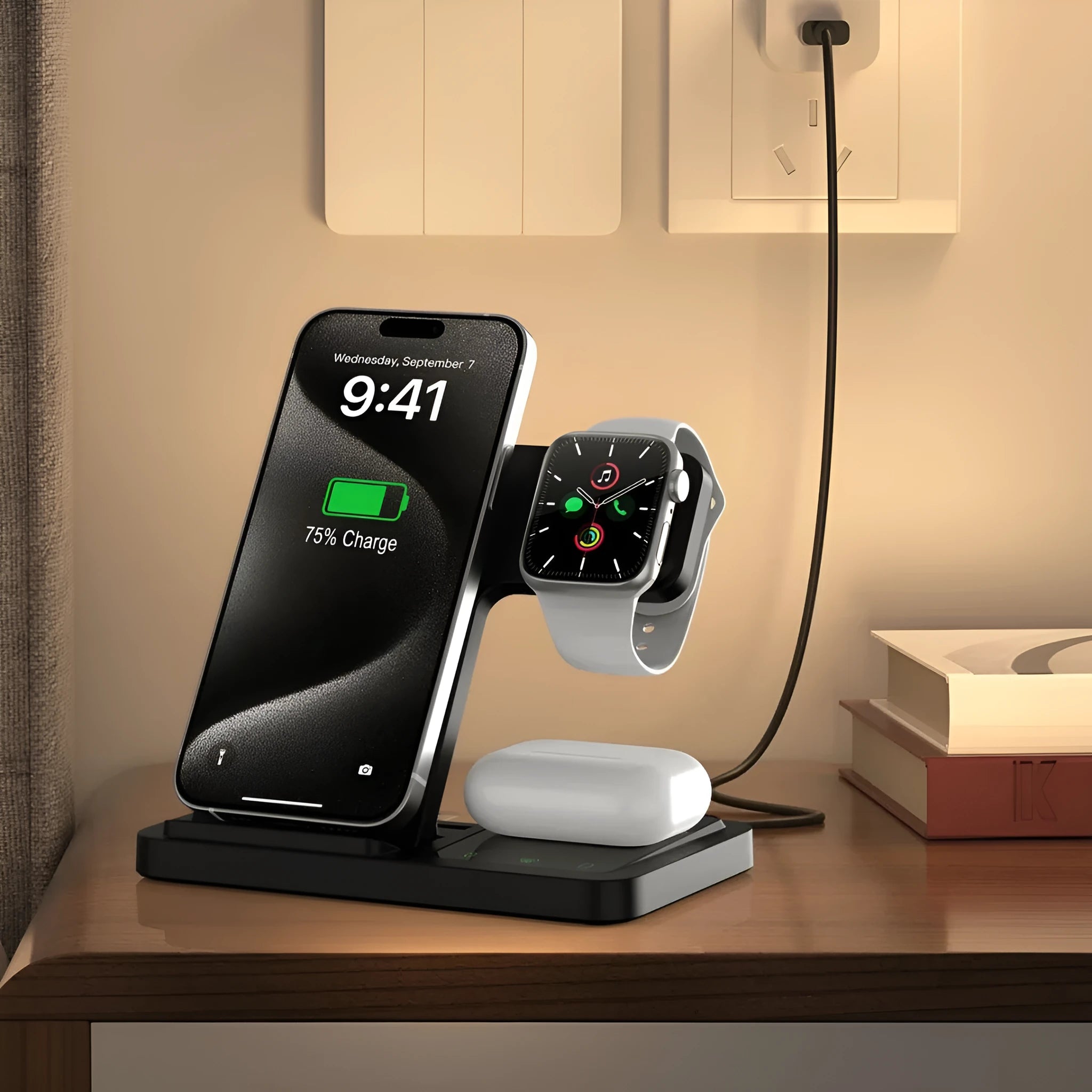 Three-in-one foldable wireless charger for iPhone and Apple Watch with transparent design in black