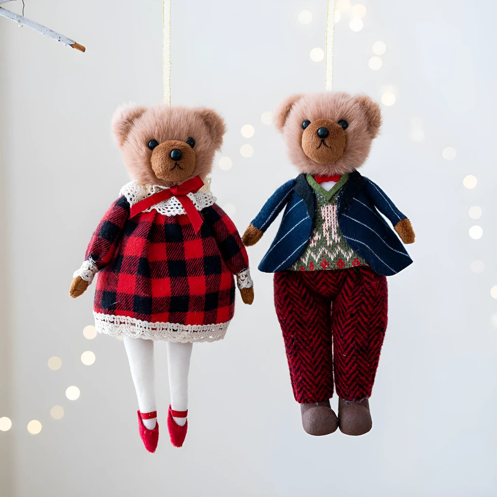 Plush bear doll couple in gentleman and princess bear colours with plaid suit pattern and cloth material