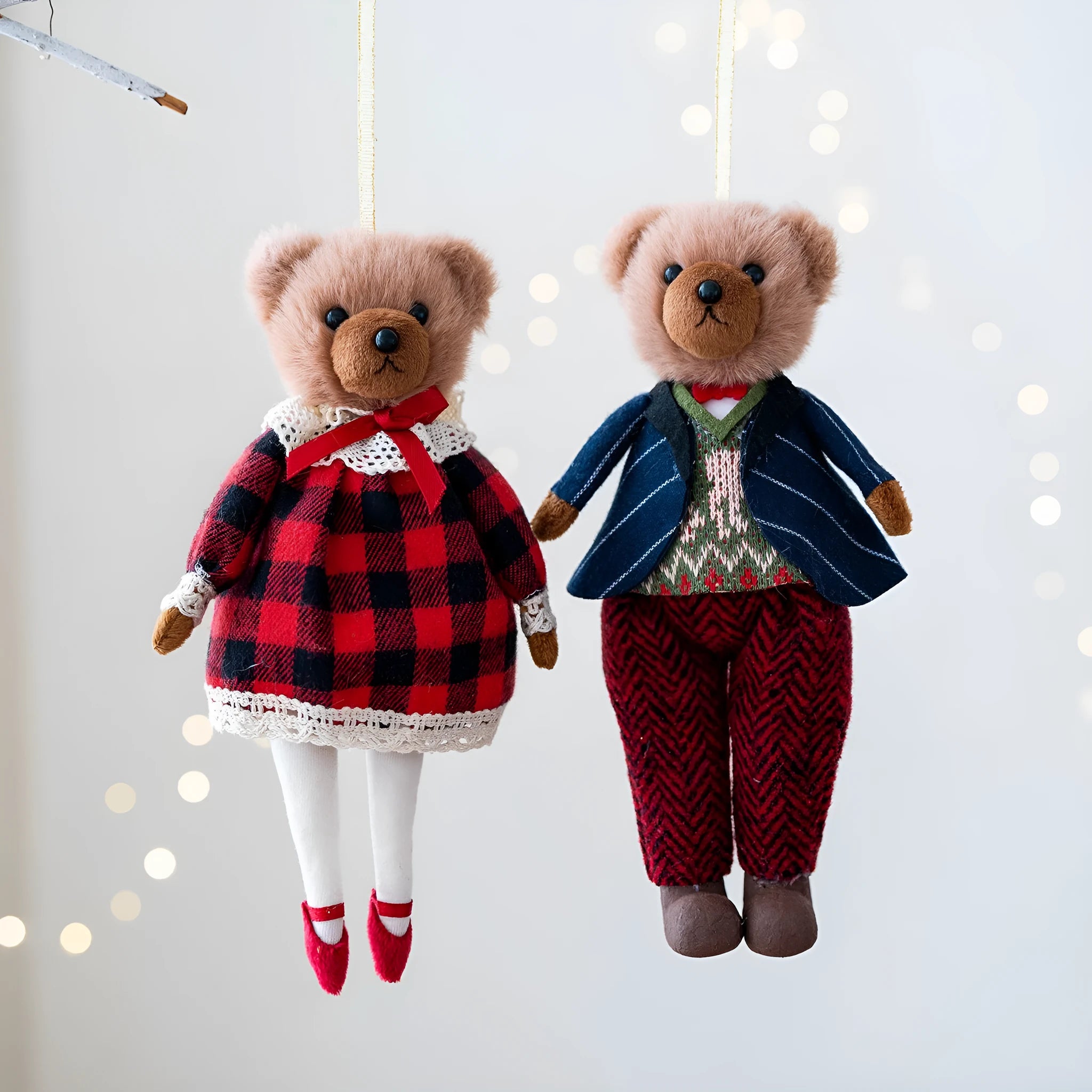 Plush bear doll couple in gentleman and princess bear colours with plaid suit pattern and cloth material