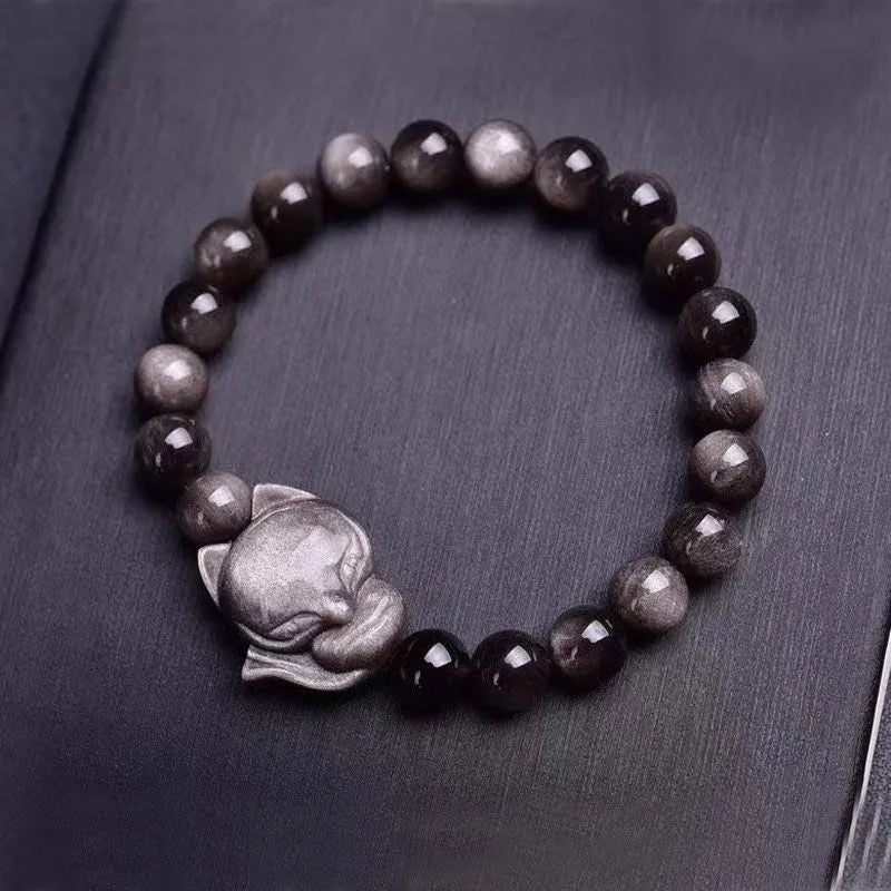 Obsidian single ring bracelet with 8mm fox charm in polished finish