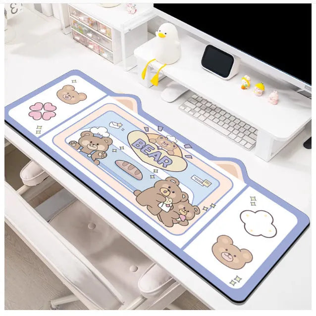Shaped oversized desk pad with natural rubber base in pink bunny, purple bear or purple kitten design
