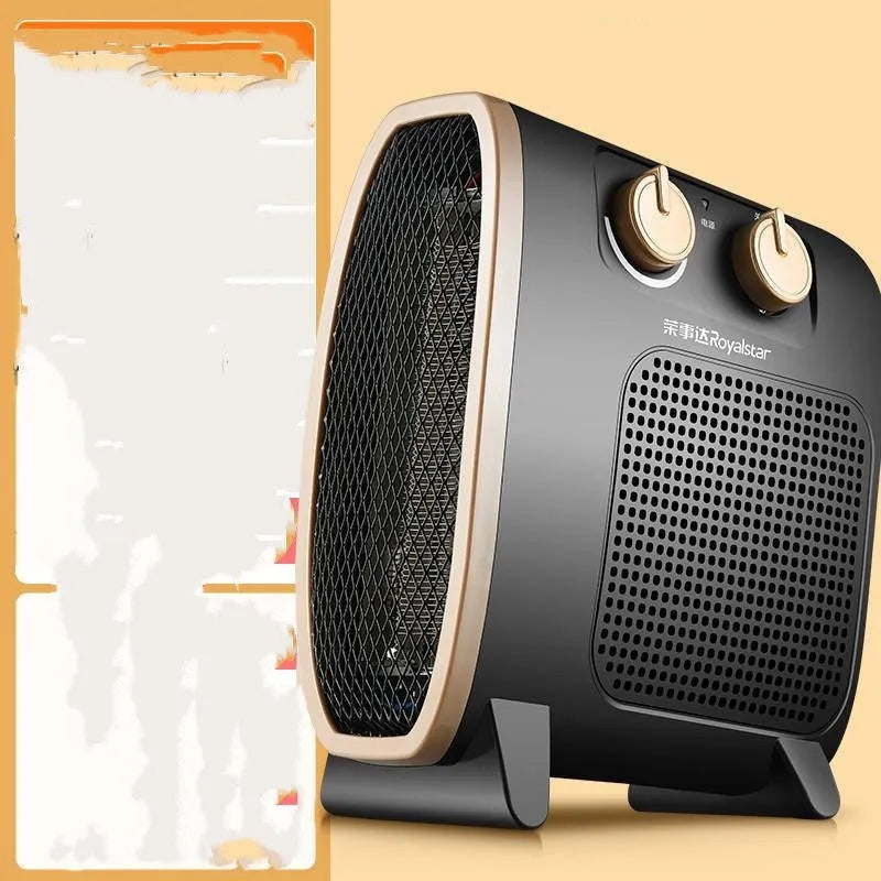 Small white electric heater fan with mechanical controls on a wooden floor
