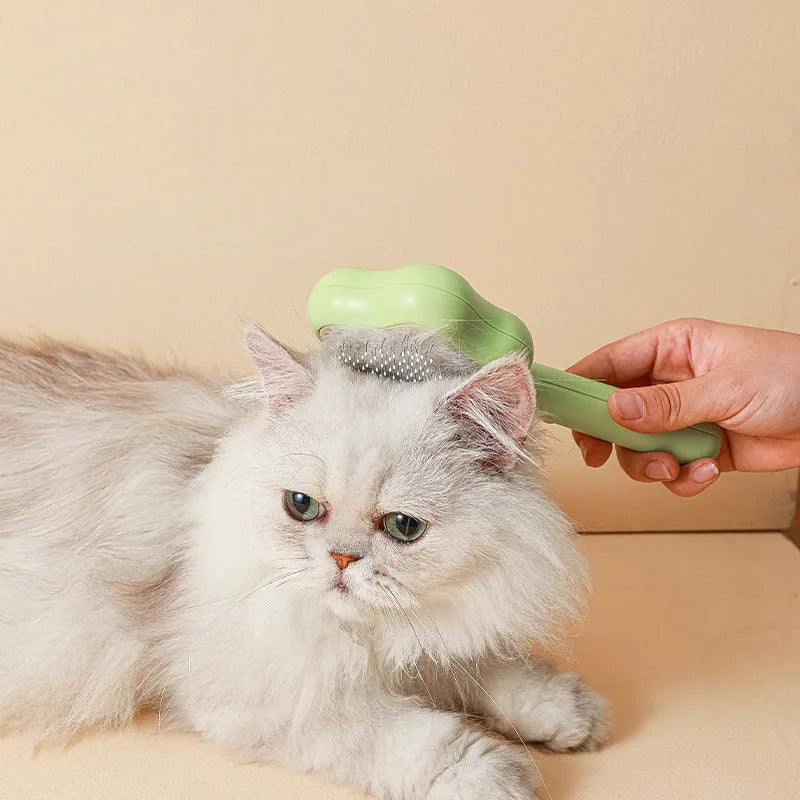 Green self-cleaning stainless steel pet comb for grooming cats and dogs on a white background