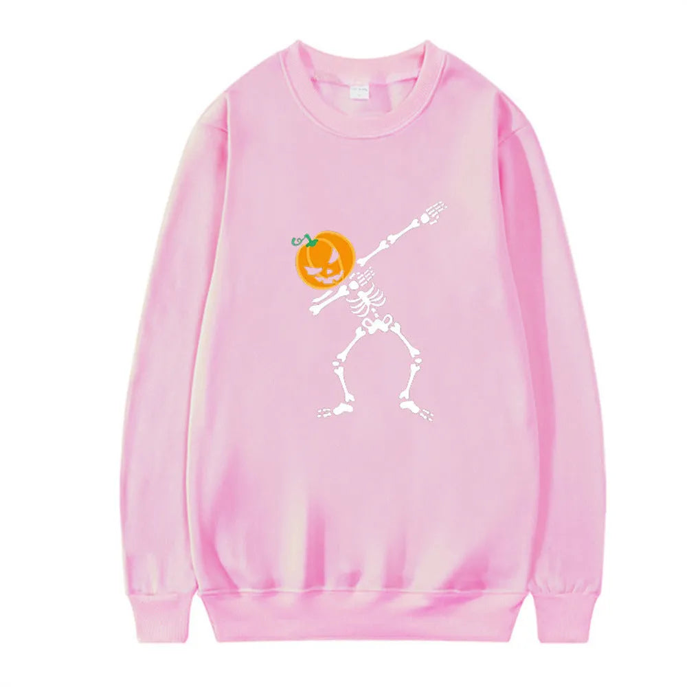 Women's printed long sleeve crew neck top in polyester fabric on a hanger.