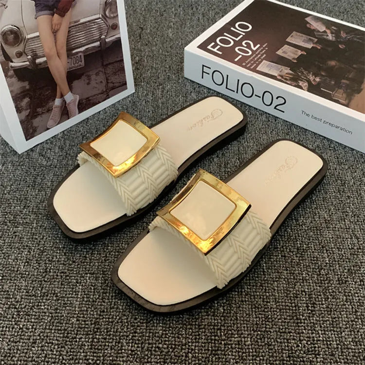 Women's casual flat slippers in apricot colour with waterproof PVC soles
