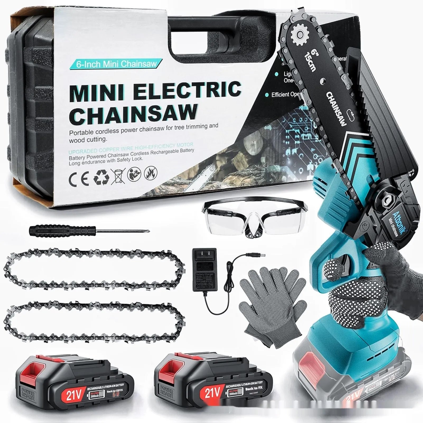 Household small handheld wireless rechargeable lithium electric saw with 6-inch chain and two batteries in storage box
