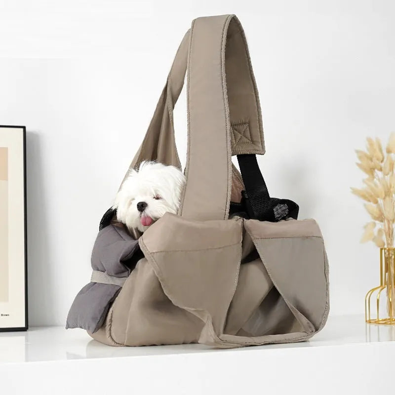 Apricot coloured cloth pet handbag for small dog transportation with 41x16x28 cm dimensions