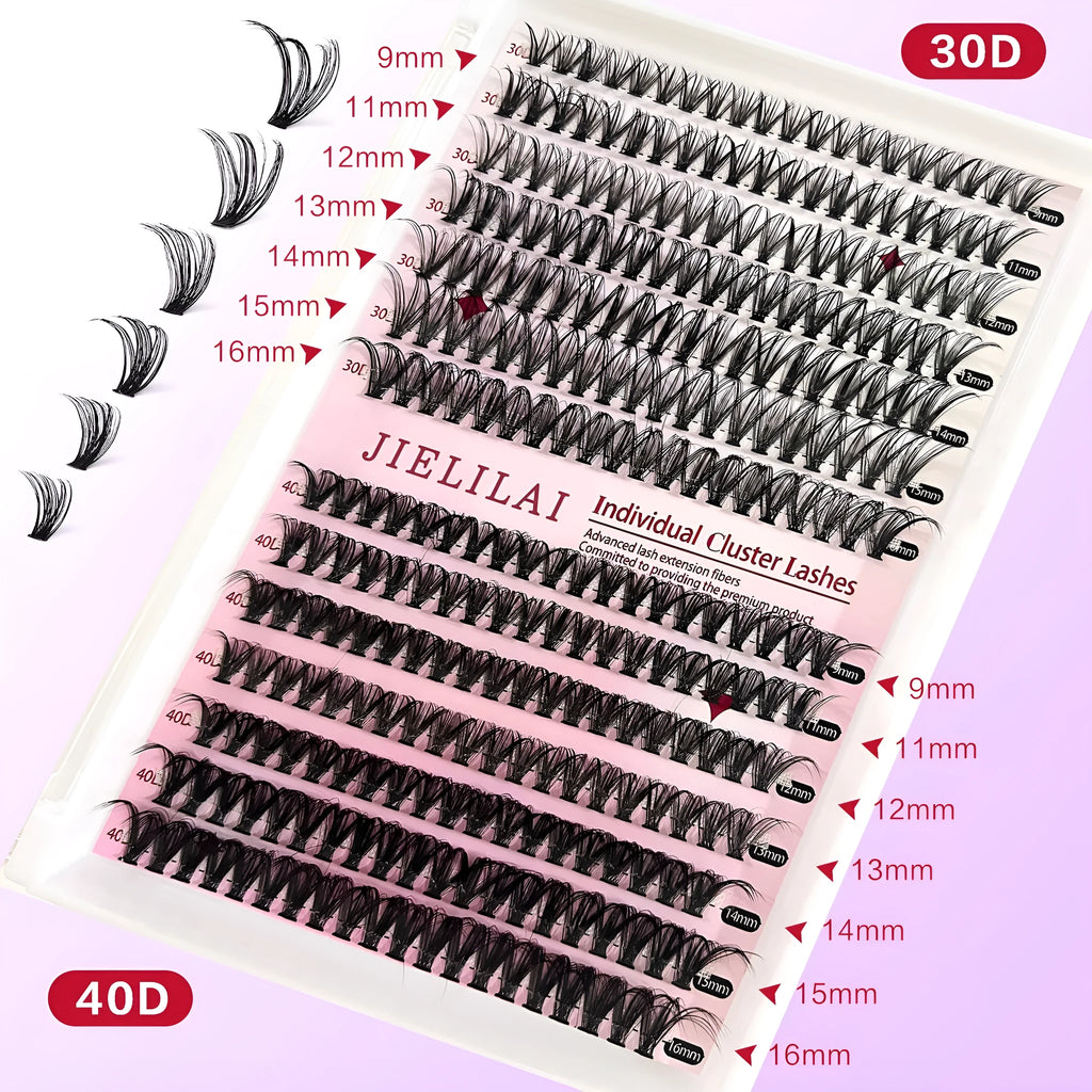 DIY mixed pack of cluster false eyelashes showing boxes of 30D, 40D, and combination lashes with tweezers.