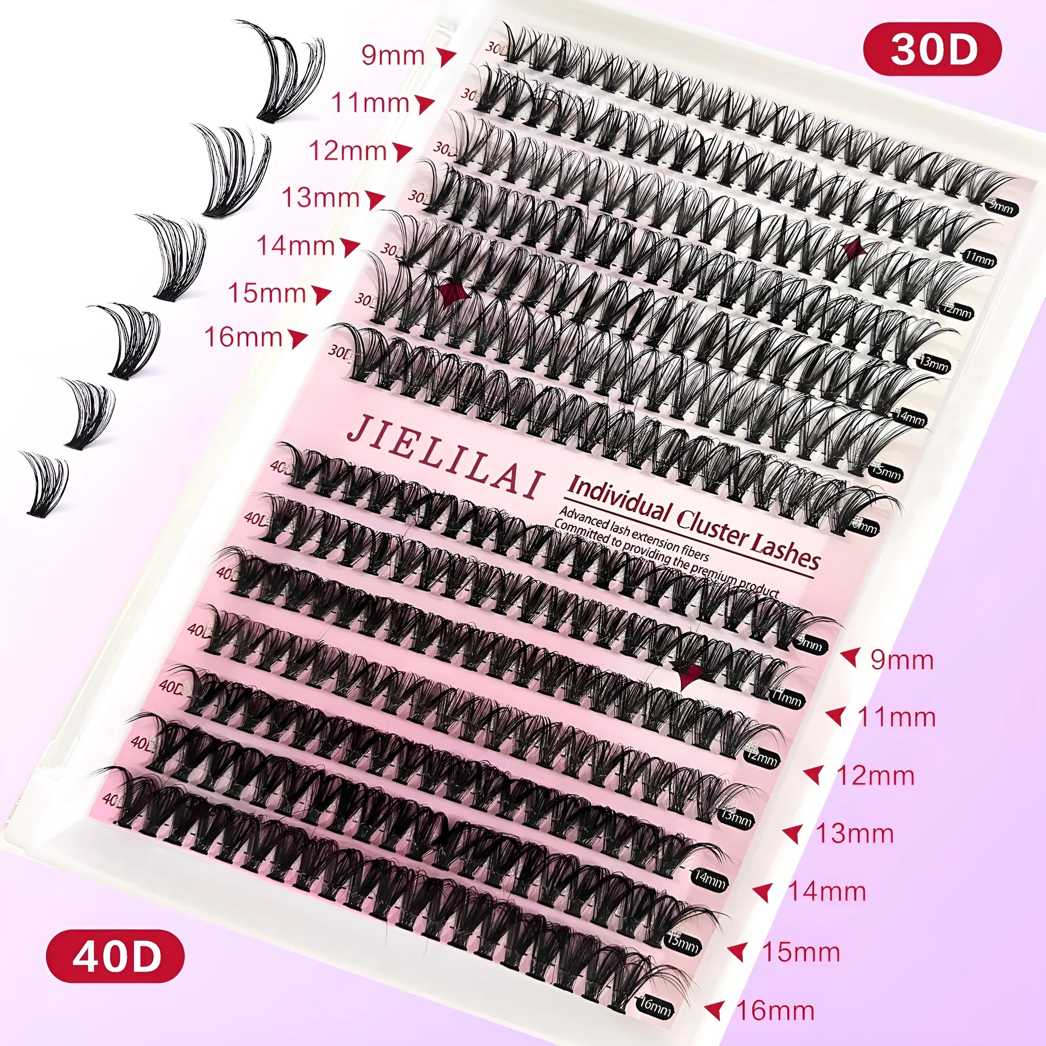 DIY mixed pack of cluster false eyelashes showing boxes of 30D, 40D, and combination lashes with tweezers.