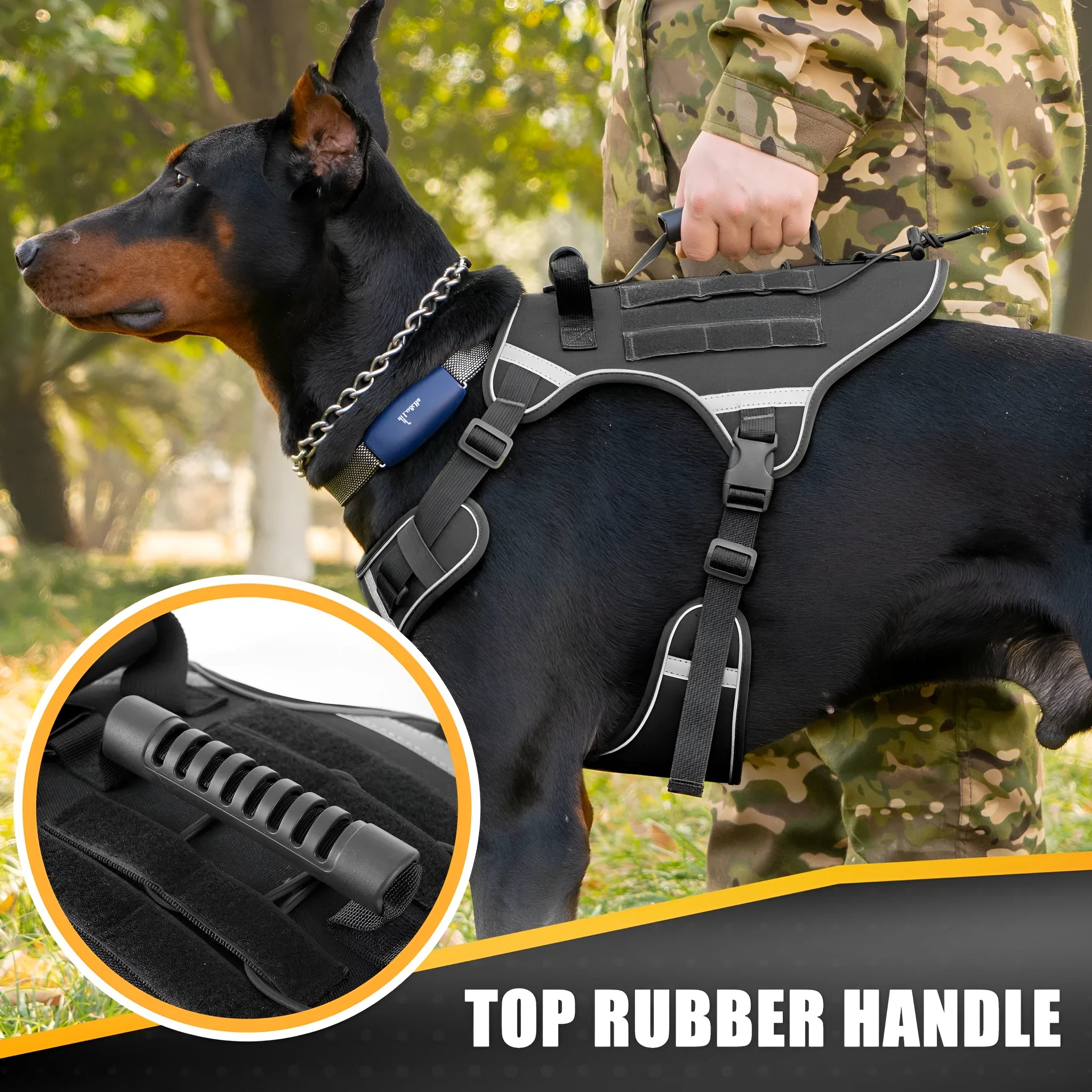 Tactical dog chest harness with back handle, reflective polyester, available in black, army green, desert yellow, and camouflage