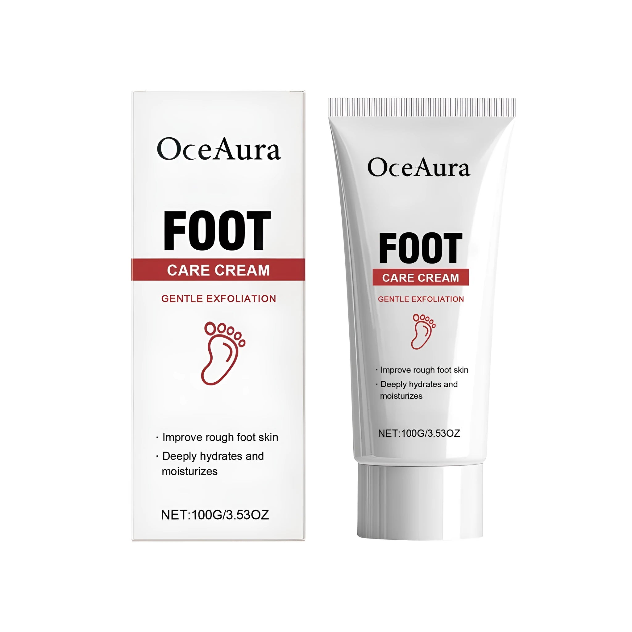 Moisturising foot care cream in a 100g tube with ingredients listed on label