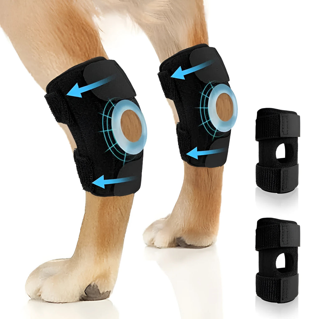Black polyester dog leg guard for ACL tear and joint dislocation rehabilitation.