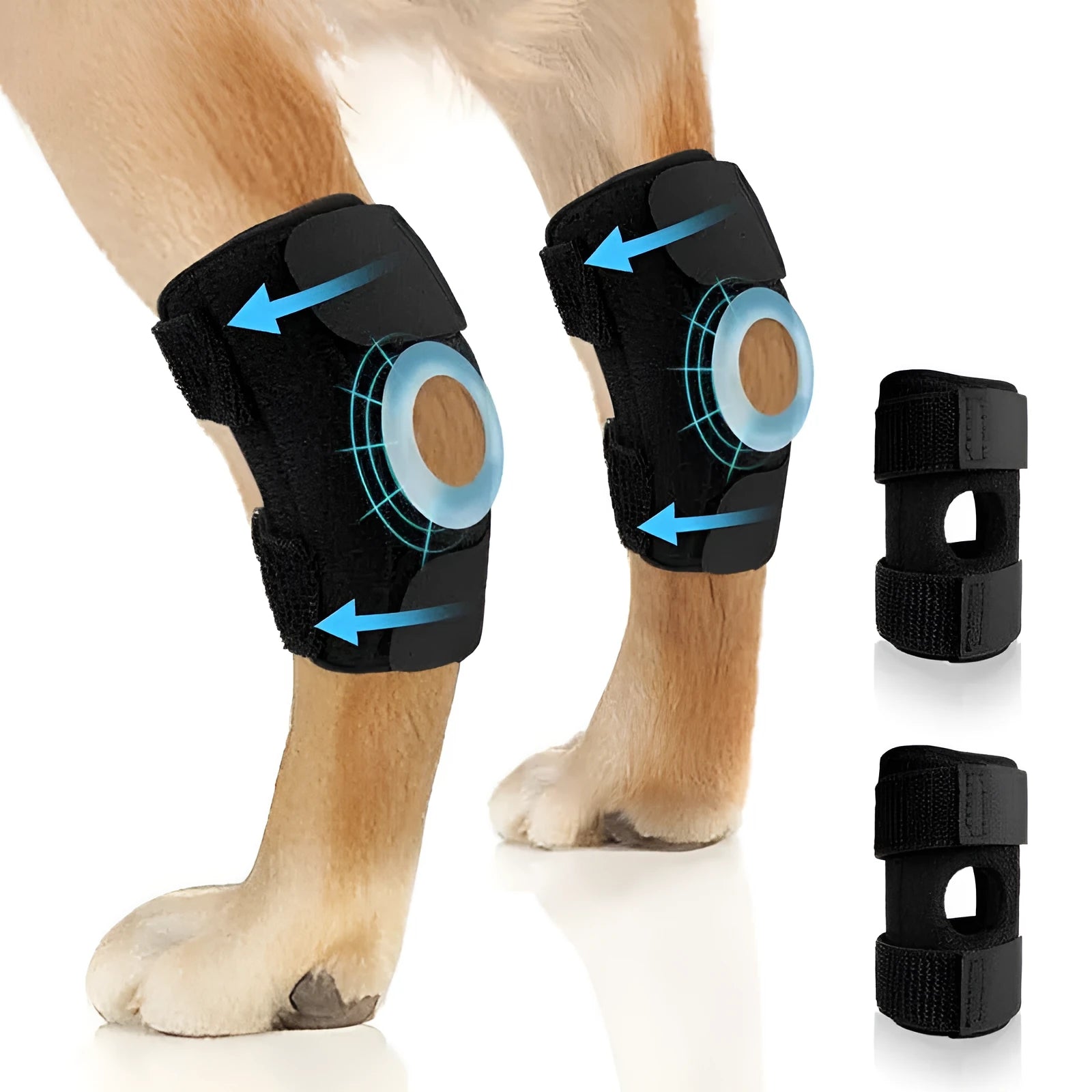 Black polyester dog leg guard for ACL tear and joint dislocation rehabilitation.
