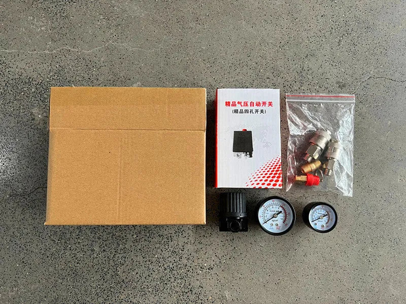 Air compressor pressure switch with European style assembly showing 12mm connector and pressure gauge