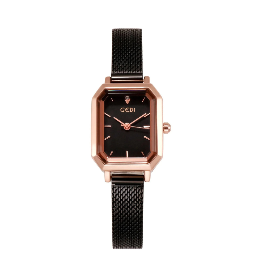 Women's square retro casual watch with rose-coloured steel case and six colour options measuring 8mm thick