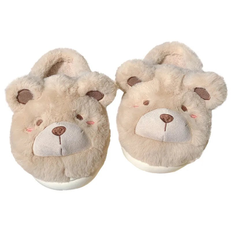 Ladies warm baotou plush slippers in khaki with suede upper and round head toe