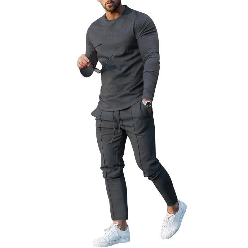 Men's light grey round neck long sleeve T-shirt and matching trousers two-piece polyester suit set.