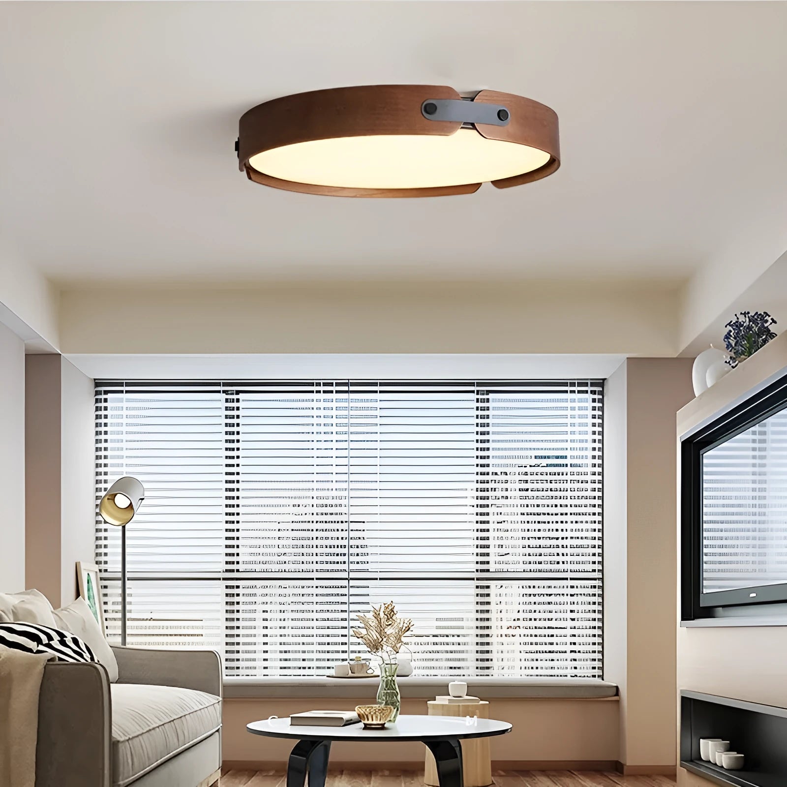 Japanese creative walnut bedroom ceiling lamp with wooden shade and PMMA lampshade, available in 42cm and 56cm