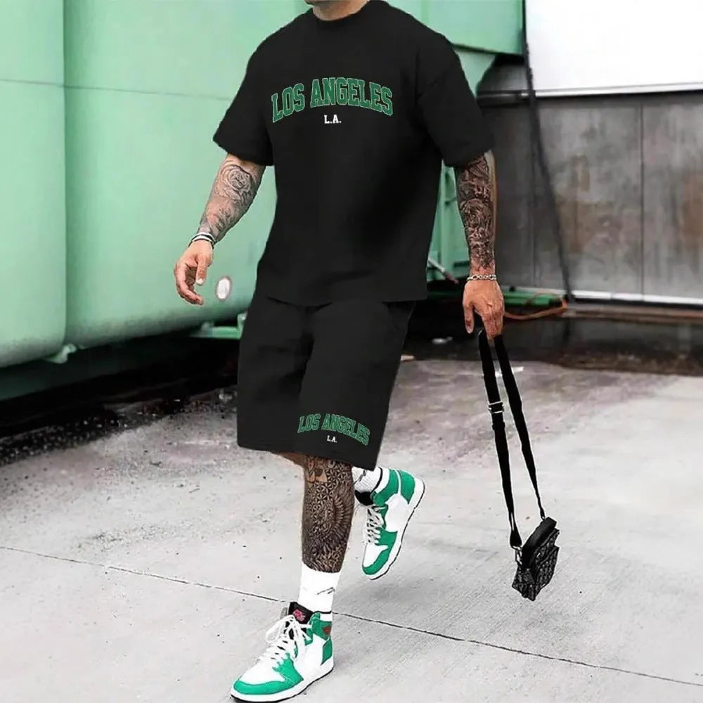 Men's short sleeve top and shorts set with 3D printed letter designs in multiple colour options.