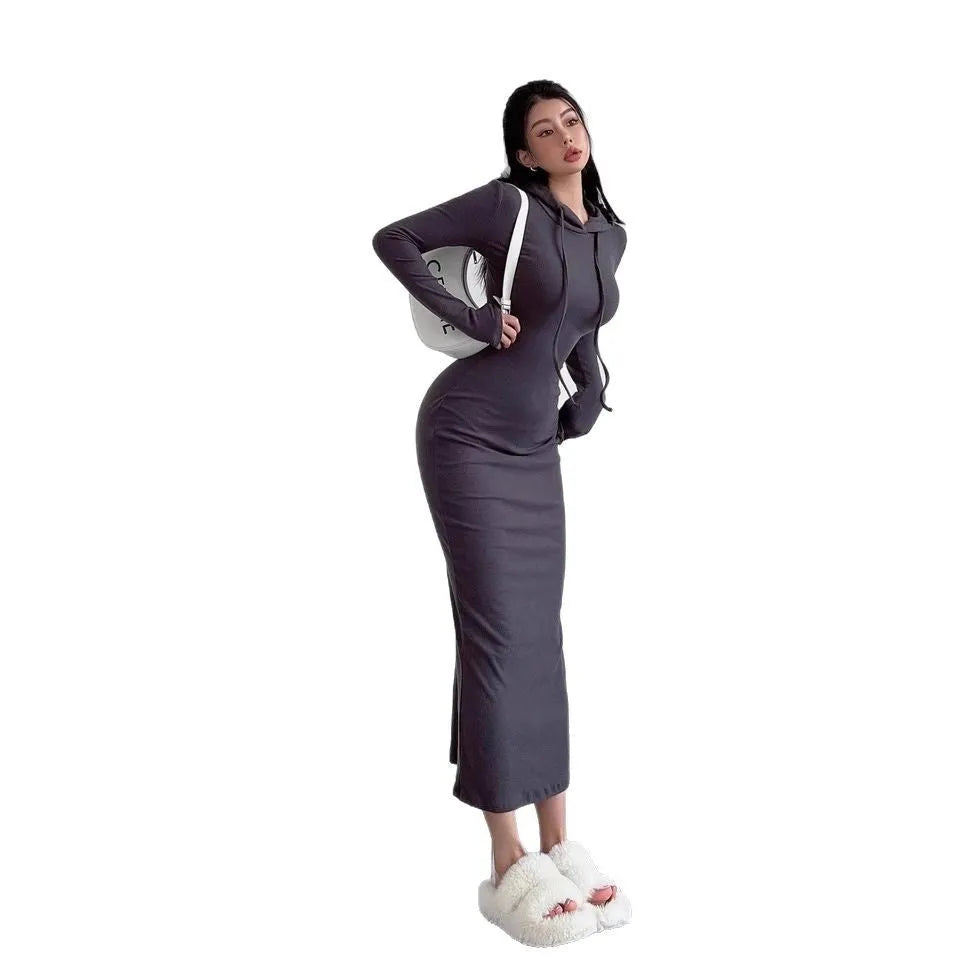 Women's grey hooded long-sleeve sheath dress with a high waist on a model