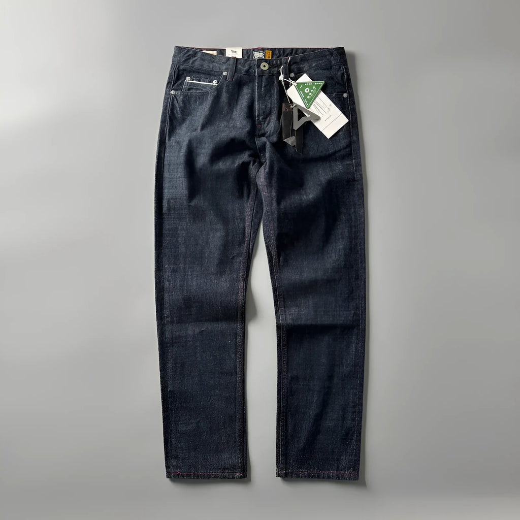 Men's straight leg jeans in primary colour cotton denim fabric with non-elastic waistband