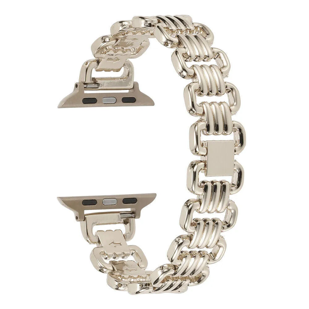Alloy metal replacement bracelet for Apple Watch in silver, black, gold, rose gold, and Starlight colours.