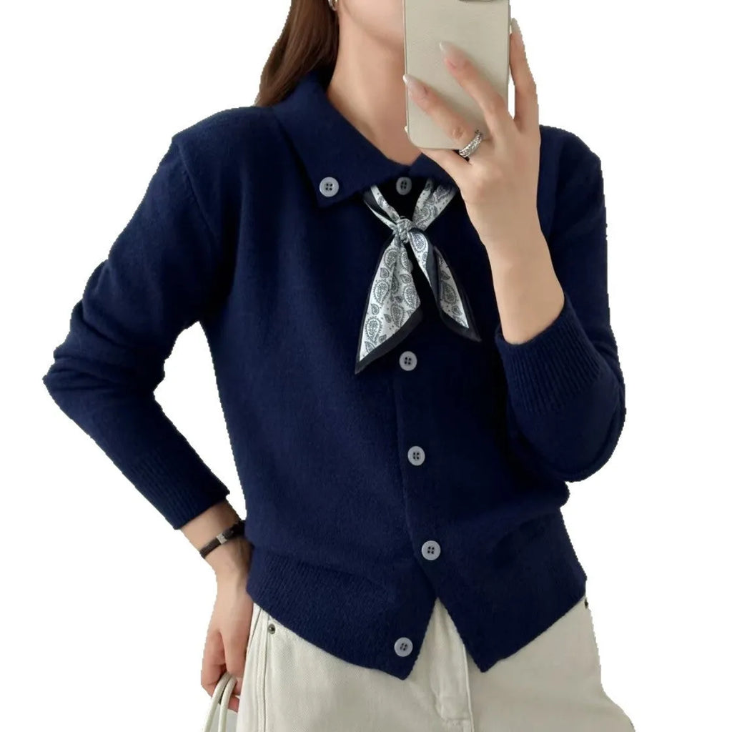 Beige acrylic knit cardigan with lapel scarf collar design, long sleeves and cardigan styling