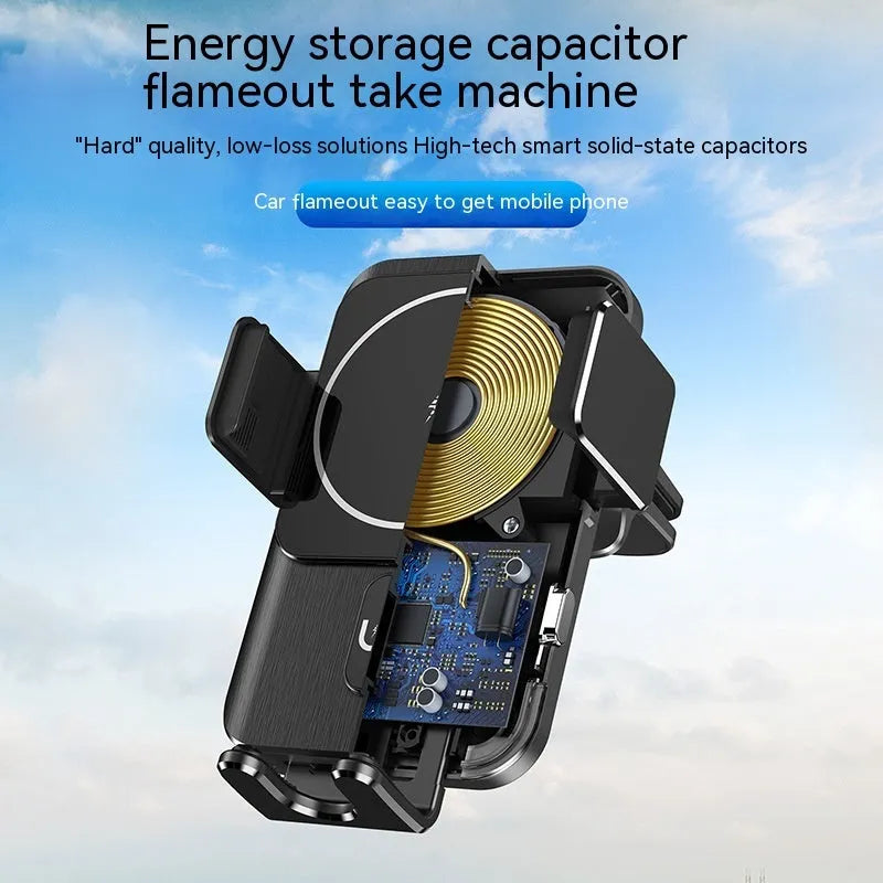 Black car wireless phone charging holder mounted on dashboard with 15W fast charging capability
