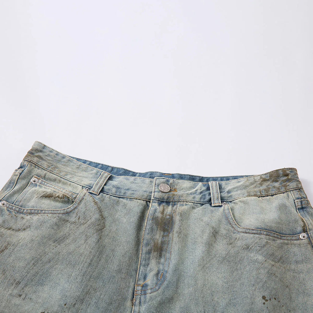 Men's blue cropped denim jeans with washed finish and straight-leg cut for street fashion