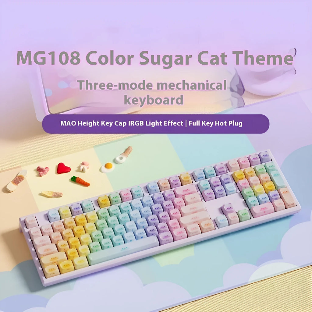 Coloured sugar cat Bluetooth mechanical keyboard with piano switches showing MG108B colour scheme