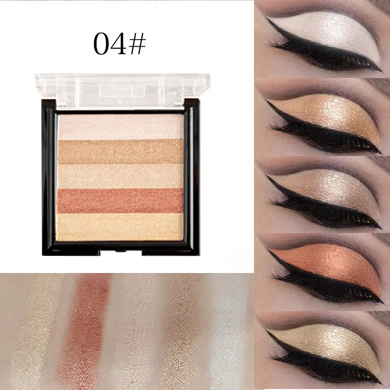 Eye shadow palette compact for three-dimensional brightening and contouring, shown in one of six colour styles.